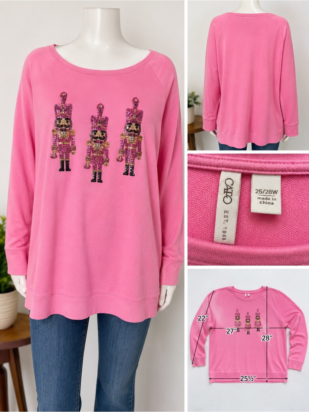 Cato 25/28W Pink Sequin Nutcracker Christmas Sweatshirt Plus Size Holiday